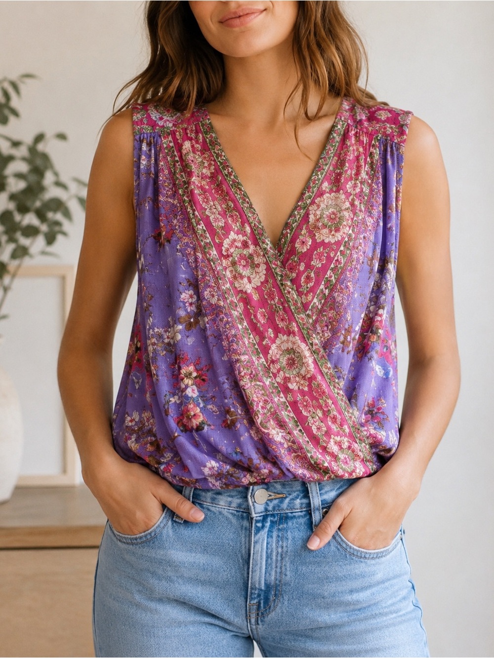 Free People Floral Surplice Tank Top M Purple Pink Boho Sleeveless